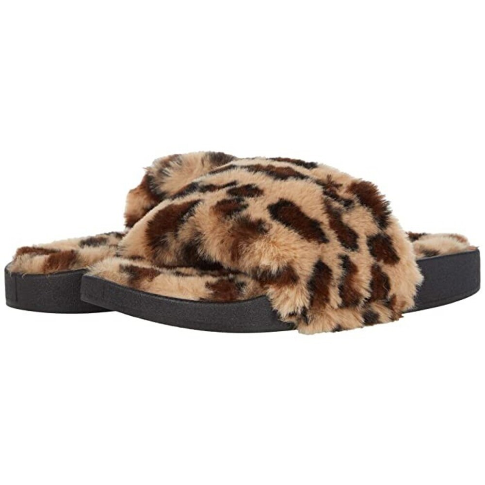 Madden Girl Fuzzyy Slippers Womens US 7 Brown Leopard Faux Fur Slide JOBB1966